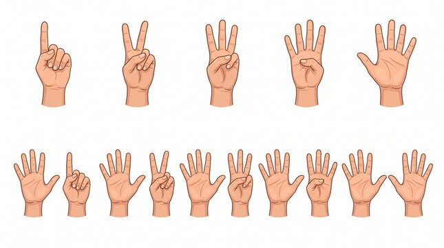 Realistic vector illustration of human hand counting gestures set. Detailed hands showing numbers from one to ten with natural skin tones and shades on white background.
