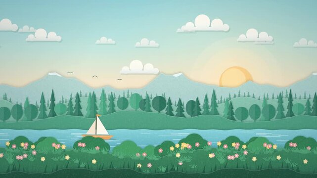 Paper cut landscape with mountains, forest, river and sailboat in parallax layers, seamless 4K loop animation