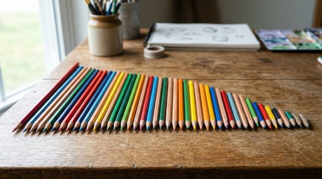 Vibrant Colored Pencils Arranged Creatively on a Wooden Table with Sketchbook