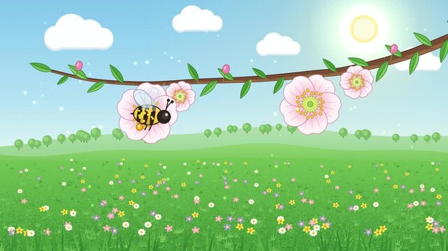 Honey bee pollinates apple blossom that turns into a ripe red apple in a spring meadow, cartoon animation