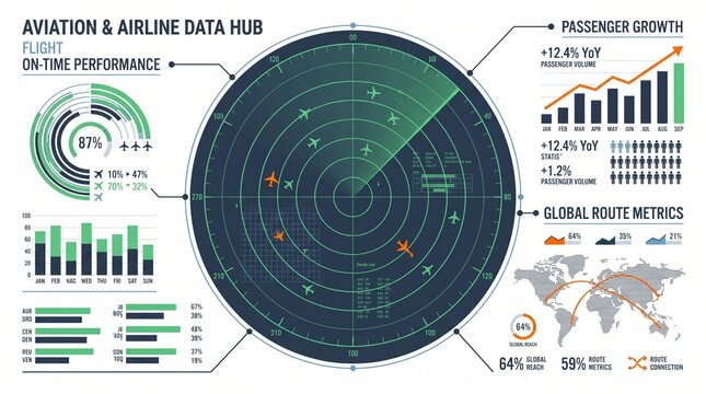 Aviation and airline industry performance data dashboard with global
