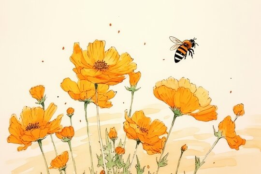 Flowers and bee animal insect sketch.
