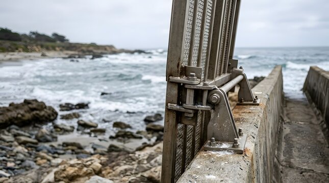 coastal stormwater outfall debris screen hinge assembly protecting drainage infrastructure from blockage, flooding risk and environmental debris