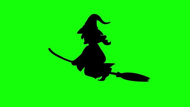 Halloween motion asset, green screen motion graphic featuring a flying witch silhouette riding a broomstick, for Halloween videos, seasonal advertising, event promotions and fantasy scenes.