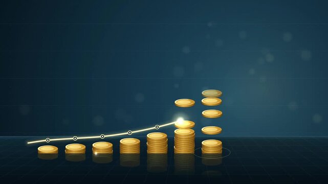 Gold coin stacks growing exponentially with a glowing compound interest curve, 4K animation