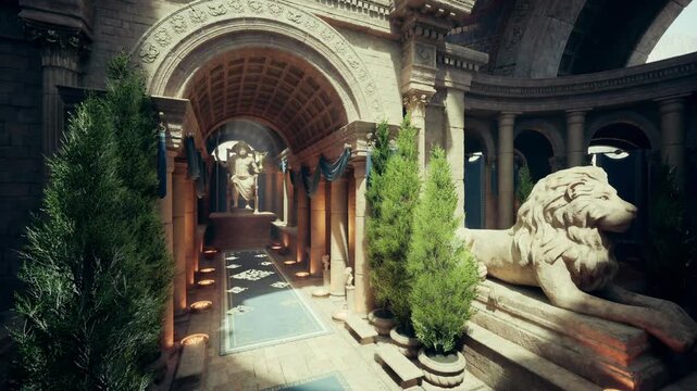 Sunlit garden portal flanked by stone lions and dense greenery, arched entrance leads into shadowed colonnade with carved details and mossy threshold