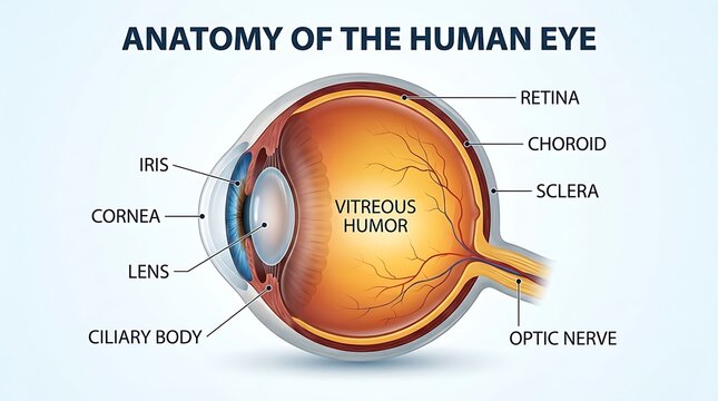 Anatomy of the human eye diagram showing parts like the retina iris cornea lens and optic nerve for medical education