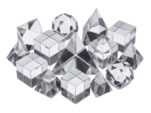 Clear Glass Geometric Prisms Pyramid Cubes Polyhedrons Studio Set isolated on black background, 3D optical crystal refraction shapes for modern abstract design science physics mathematics.