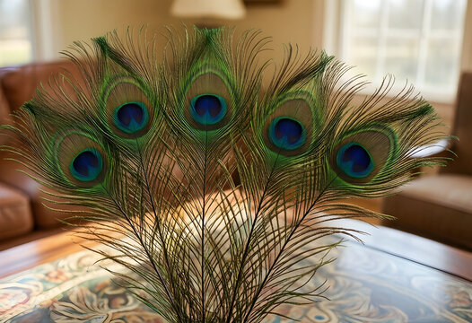 Luxury interior decor and elegance, peacock feathers arranged in a fan shape on a wooden table in a home living room setting with soft natural light