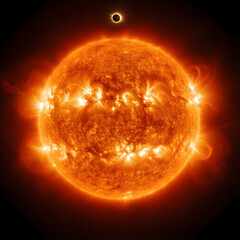 Fototapeta premium Solar eclipse and sun activity, astronomy and space science concept, total eclipse of the sun with solar flares and corona in deep outer space