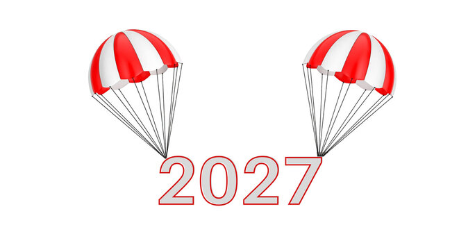 Red and white parachutes descending with the year 2027 text isolated on black background