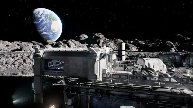 Lunar base under Earthrise, industrial modules remote mining hub with robotic excavators harvesting regolith, conveyor systems feeding processing module, solar