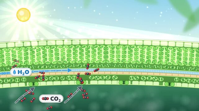 Photosynthesis in a leaf cross-section with sunlight, CO2, water and oxygen flow, biology explainer animation