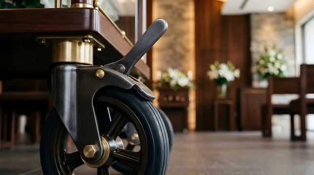 memorial service flower transport trolley wheel locking mechanism for safe movement and controlled handling in professional ceremonial facilities