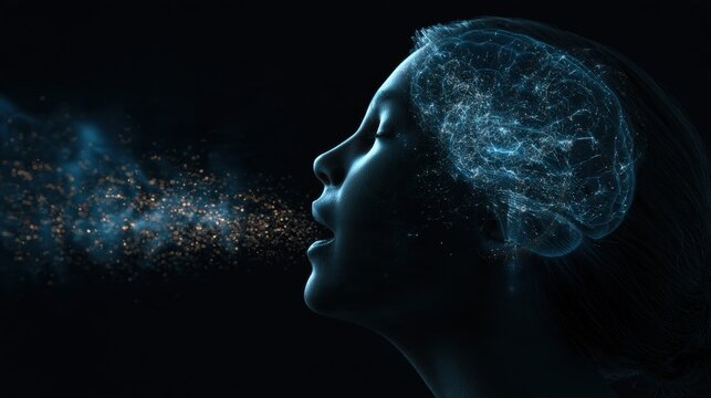 A person unable to speak is depicted with a brain implant that decodes motor cortex signals into voice output. The background is dark.