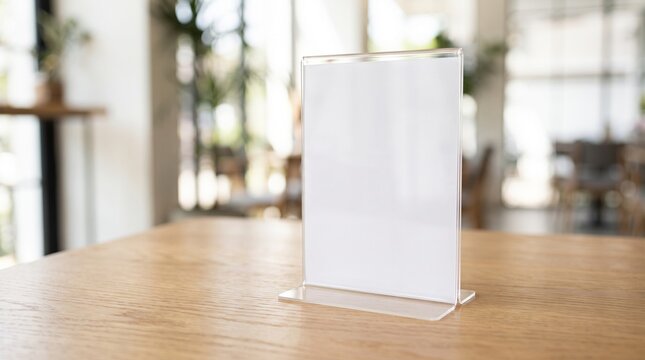 Blank vertical menu card holder on a wooden table in a bright