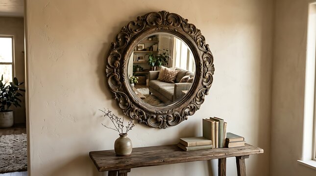 Large round decorative mirror with an ornate black frame hanging on a wall above a rustic wooden table in a home room