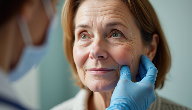 Woman receiving facial examination by healthcare professional in clinic. Healthcare interaction involves attentive assessment of facial features with focus on skincare and well-being.