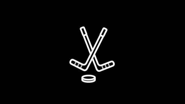 Crossed hockey sticks and a puck line icon animation black background