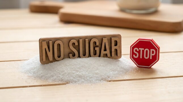 Wooden sign with the text No Sugar and a red stop sign icon on a rustic wooden table for healthy diet and nutrition