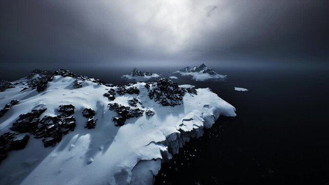 aerial glacier coastline under heavy clouds, sweeping snowfields meeting churning dark sea, scattered rock outcrops, harsh windsculpted ridges, cinematic low
