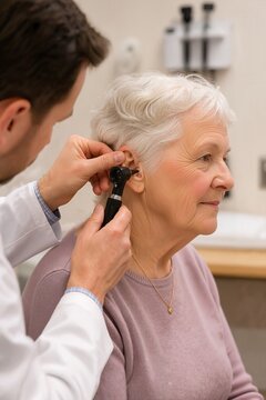 Doctor examining elderly woman's ear with otoscope during medical check-up. Ear exam involves careful inspection with physician using otoscope for healthcare assessment.