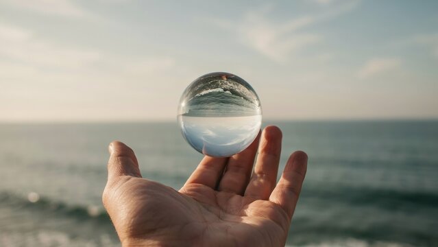 Crystal glass sphere hovering magically above human open palm showing upside down ocean seascape horizon view under bright cloudy daylight sky natural photography