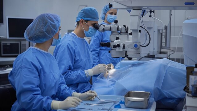 Surgical team performing cataract surgery in ophthalmic operating room with advanced equipment and instruments. Medical professionals focused on procedure in sterile environment.