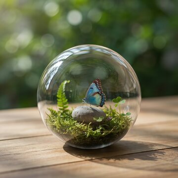 Delicate blue butterfly resting upon a smooth grey stone inside a miniature glass terrarium globe filled with lush green moss and tiny ferns sitting on wooden table