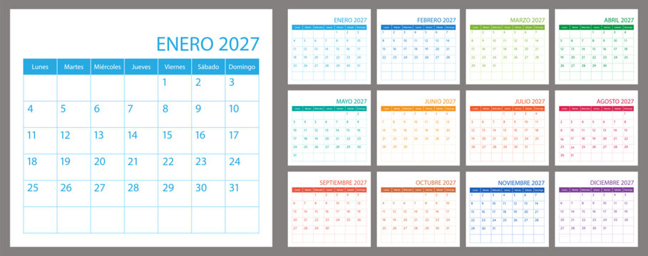 Spanish calendar planner 2027 year, schedule month calender, organizer template. Week starts on Monday. Business personal page for Spain. Modern simple vector illustration