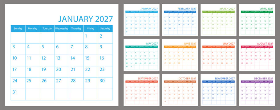 American calendar planner 2027, schedule month calender, organizer template. Week starts on Sunday. Business personal page. Modern simple dairy for USA. Vector illustration