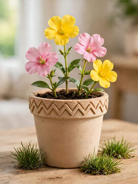 Potted pink and yellow flowers in a clay pot with zig-zag pattern on a wooden table . Colorful spring flowers growing in a terracotta pot indoors on a wooden surface.