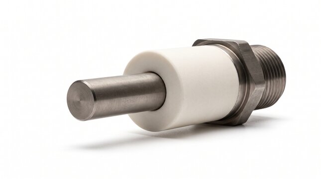 Industrial flare stack igniter electrode tip. High-nickel alloy rod encased in high-alumina ceramic insulator. Combustion safety hardware isolated on white.