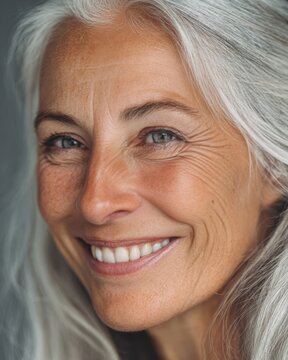 Close up portrait of a smiling silver-haired woman with natural wrinkles and radiant skin, an authentic beauty image celebrating aging confidence, self acceptance, and mature skincare appeal