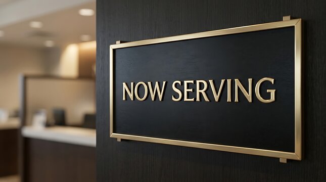 Now serving digital display sign showing queue information in a modern office or restaurant waiting area interior