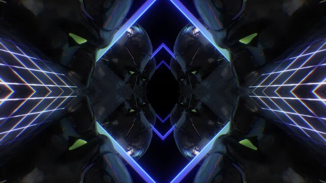 A dark, moody abstract background with reflective surfaces and bright neon accents, perfect for VJ loops, club visuals, and concert backdrops.