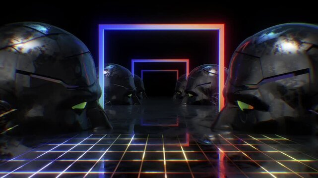 A dark, moody abstract background with reflective surfaces and bright neon accents, perfect for VJ loops, club visuals, and concert backdrops.