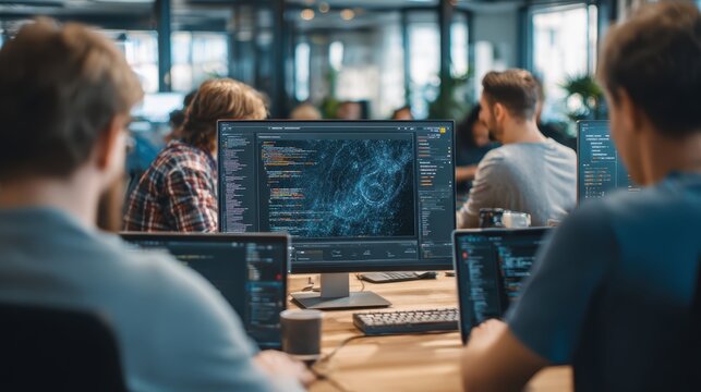 Software developers collaborating on open source AI development in an office, working across laptops and a large monitor displaying programming code, teamwork, machine learning, and digital innovation
