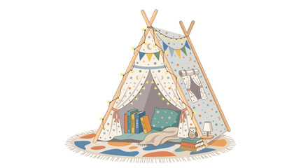 Whimsical Childrens Play Teepee Tent with Fairy Lights Books and Pillows Illustration © oplesoval