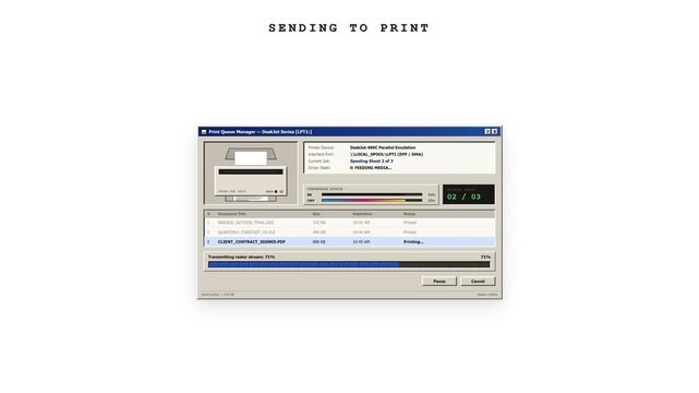 Printer software interface, computer window and retro operating system for office work, data management and legacy technology. Vintage UI, processing documents and digital workflow for business.