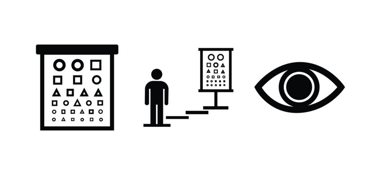  Vision test, eye examination, and optometry icons vector set featuring eye chart, patient eyesight check, and human eye symbols