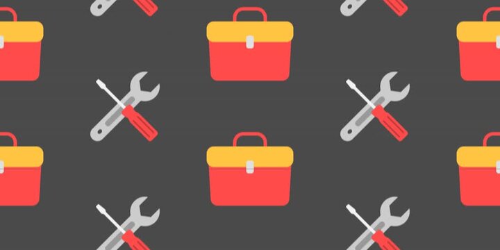 Seamless home maintenance pattern featuring simplified toolboxes and hand tools moving through a clean repeating layout for handyman services, repair promotions and residential maintenance background