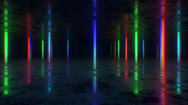 A dark, moody abstract background with reflective surfaces and bright neon accents, perfect for VJ loops, club visuals, and concert backdrops.