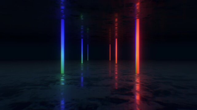 A dark, moody abstract background with reflective surfaces and bright neon accents, perfect for VJ loops, club visuals, and concert backdrops.