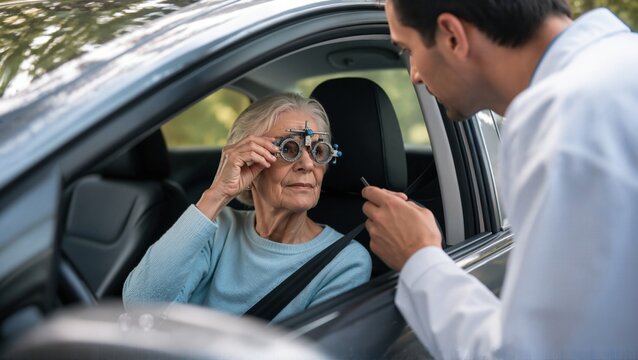 Elderly woman in parked car receiving vision check from optometrist. Vision assessment involves elderly woman wearing glasses as optometrist examines eyesight carefully.