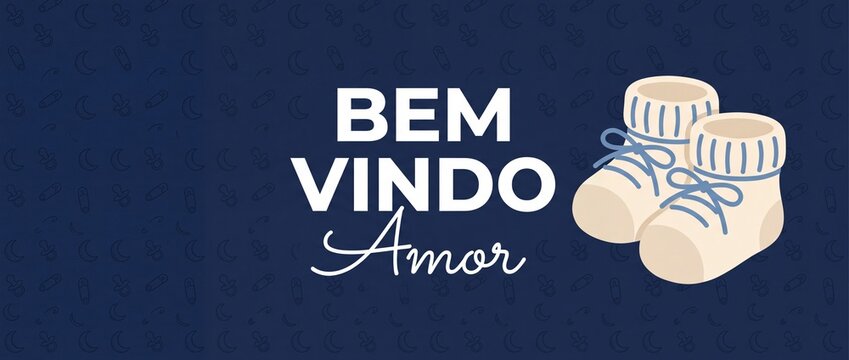Baby boy shoes welcome banner with Portuguese text Bem Vindo Amor for newborn shower announcement, cute blue knitted booties vector illustration for maternity celebration greeting card design template