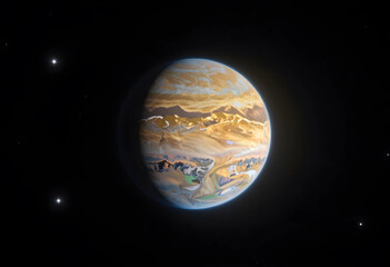 Fototapeta premium Exoplanet exploration and space discovery, alien world with golden atmosphere and mountainous terrain in deep dark cosmos with distant bright stars