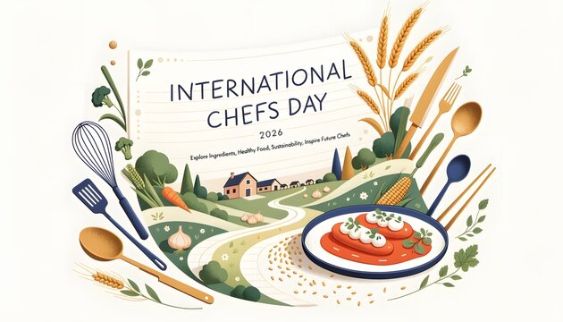 International chefs day banner with kitchen tools