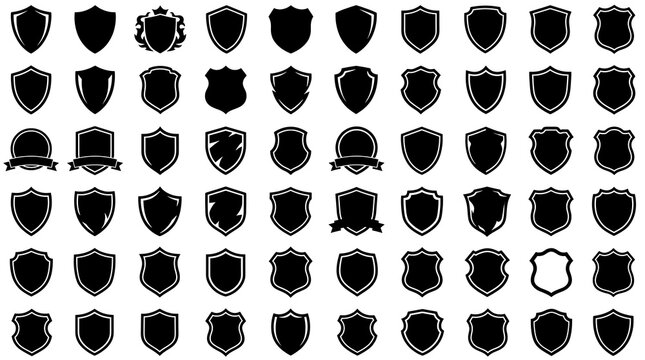 Collection of black shield silhouettes against a white background displaying various heraldic shapes