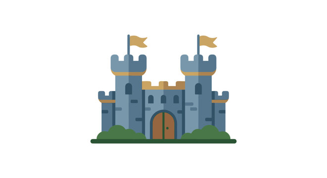 Medieval castle illustration features stone walls towers and flags on a white background